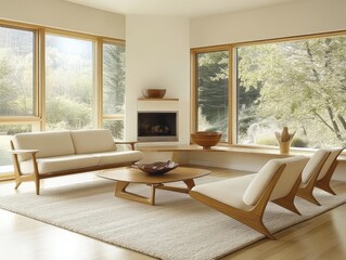 Fototapeta premium Modern Living Room With Wooden Furniture And Large Windows