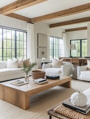 Fototapeta premium Modern Farmhouse Living Room Design With Exposed Beams