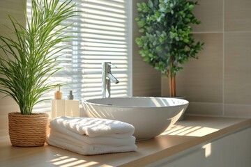 Modern bathroom with natural sunlight and green plants