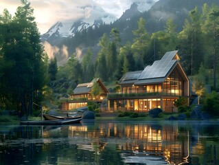 Obraz premium Serene Lakeside Eco Lodge Nestled in Verdant Forest with Sustainable Solar Architecture