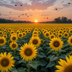 Fototapeta premium Bees Buzz Above a Sun-Kissed Sunflower Field at Sunset