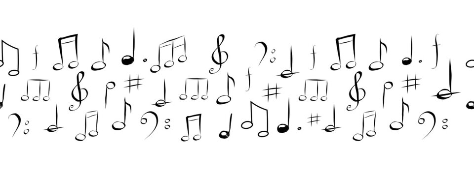Music note hand drawn sketch silhouette, cute doodle melody. Line music seamless border elements. Simple marks, sound.