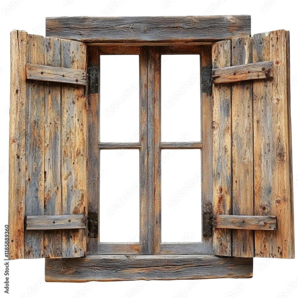 Aufkleber a weathered wooden window with open shutters reveals a dark background, showcasing its rustic charm 
