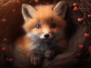 Obraz premium Cozy Baby Fox with Valentine Heart: Realistic and Intimate Design