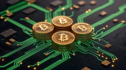 Stacks of Bitcoin Cryptocurrency on Glowing Circuit Board Technology