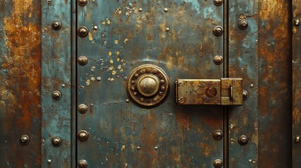 Fototapeta premium Rusted metal door with antique lock and rivets.