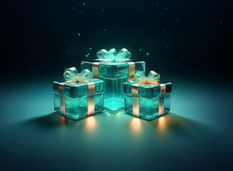 Three luminous teal gift boxes with gold ribbons glow on a dark surface, creating a magical, festive atmosphere.  Sparkling particles surround them.