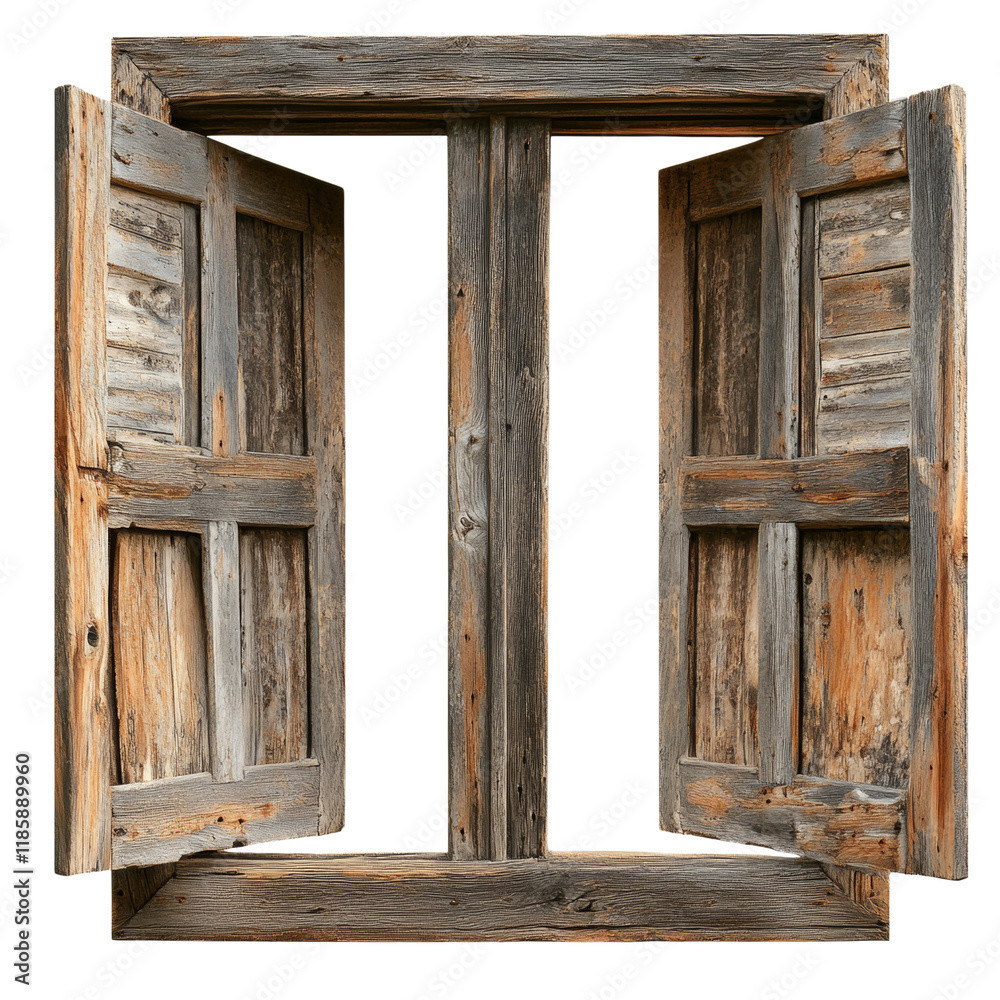 Poster a weathered wooden window with open shutters reveals a dark background, showcasing its rustic charm 