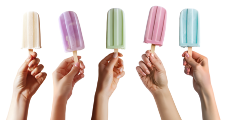Collection set of hand holding colourful pastel Ice popsicle lolly ice cream on transparent background cutout, PNG file. Many different flavour. Mockup template for artwork graphic design	
