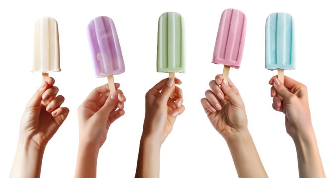 Collection set of hand holding colourful pastel Ice popsicle lolly ice cream on transparent background cutout, PNG file. Many different flavour. Mockup template for artwork graphic design	
