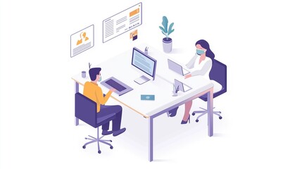 Fototapeta premium A man and woman sitting at an office desk, talking to each other while wearing face masks