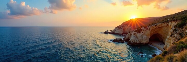 Naklejka premium Panorama of the Sardinian coastline with a golden light, rock, horizon, sea