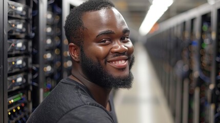 Smiling technician expertly working on a complex network server, showcasing dedication and skill