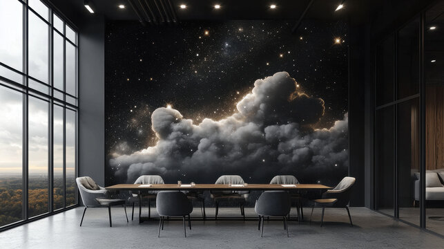 Celestial Conference Room: A modern, sophisticated conference room features a breathtaking mural of a cosmic cloudscape, blending dark elegance with celestial wonder.