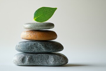 Fototapeta premium Stacked spa stones with a fresh green leaf
