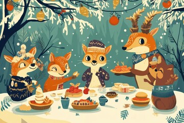 Obraz premium Festive woodland creatures enjoy a winter feast together