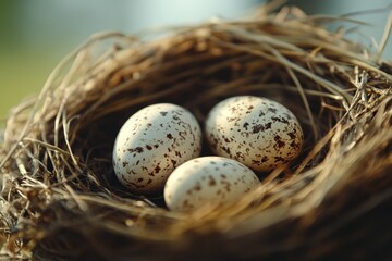Obraz premium Bird nest with spotted eggs in natural setting