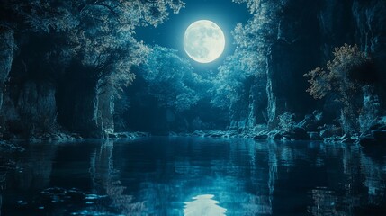 Obraz premium Enchanted Moonlit River: A Serene Night in the Forest