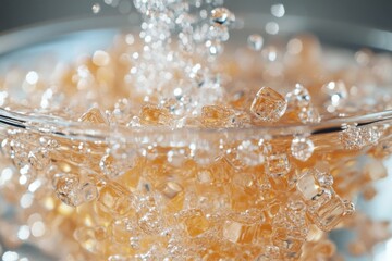 Golden sugar crystals with sparkling reflections close-up