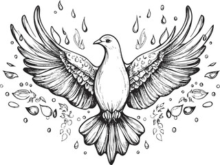 Obraz premium Ornate black and white illustration of a dove with wings spread wide.