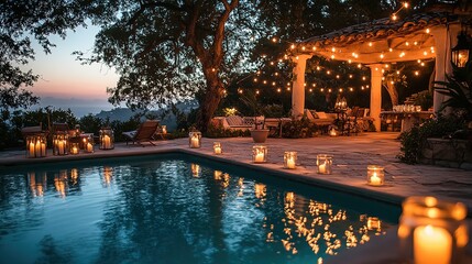 pool area was transformed into a magical oasis, with flickering candles casting a warm glow and creating a serene and intimate atmosphere sun dipped below horizon on a warm summer evening, hd mage