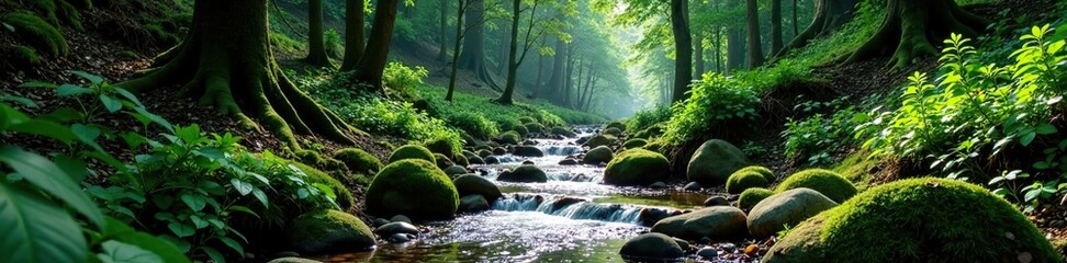 Obraz premium Serene forest stream flowing down mountain slope, foliage, forest, wilderness