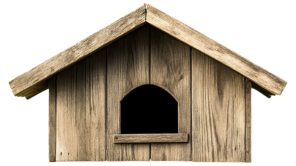 Wooden dog house with a rustic design and an arched window opening.