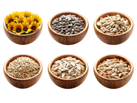 Assortment of Seeds and Sunflower Flowers in Bowls Isolated on transparent background