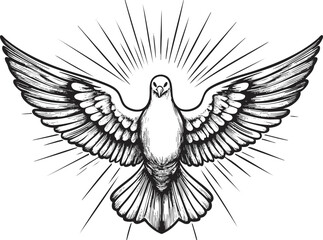 Obraz premium Black and white illustration of a dove with outstretched wings.