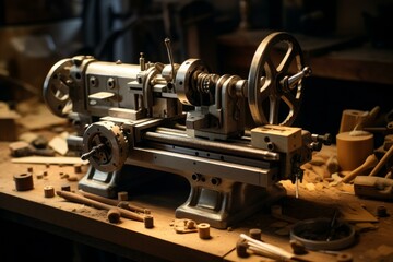 Fototapeta premium Precision metal lathe surrounded by woodworking tools on a cluttered workshop table