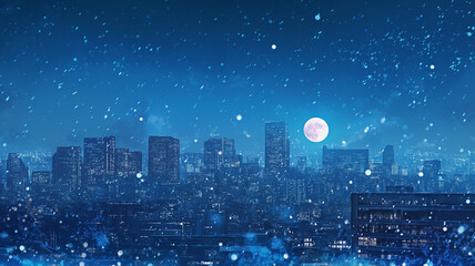 Fototapeta premium 雪降る冬の美しい都会の夜景、都市の煌めきが美しいイラスト。満天の星空と月。背景,アニメ,アジア,幻想的