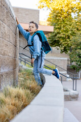 A cheerful and happy young boy, dressed in casual attire, is energetically balancing playfully on a low wall, which showcases his adventurous spirit and pure joy in a beautiful outdoor setting