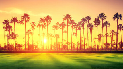 Golden Sunset Illuminates Lush Green Field with Palm Trees