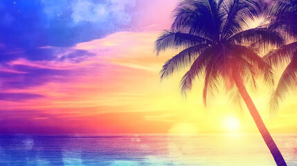 Tropical Sunset Meets Ocean Waves with Palm Trees Silhouetted Beautifully