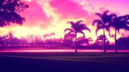 Tropical Sunset Paints Sky Purple, Palm Trees Sway Gently in Breeze