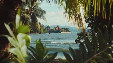 Fototapeta premium Serene Tropical Landscape with Temple Surrounded by Lush Greenery
