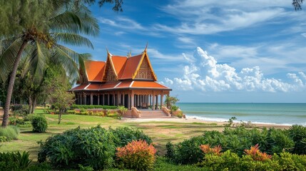 Scenic Coastal Temple Surrounded by Lush Greenery and Blue Sky