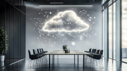 Cloud Computing Conference Room: Modern conference room with a glowing cloud computing symbol on the wall, symbolizing innovation, technology, and collaboration in a sleek and stylish setting.  