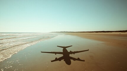 Airplane shadow reflected on wet beach sand.