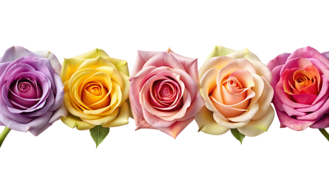 Row of colorful roses in soft hues - A vibrant arrangement of roses in purple, yellow, pink, and orange hues displayed in a seamless horizontal line on transparent background.
 - Powered by Adobe