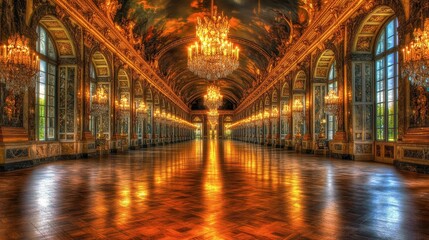 Fototapeta premium Grand Hall with Chandelier and Reflections in Historic Palace