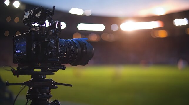 Professional broadcast camera setup at a sports stadium, capturing the field in sharp focus with a blurred crowd in the background, highlighting technology, precision, and live event broadcasting