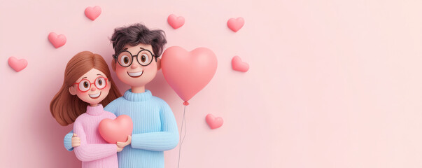 cheerful couple holding heart shaped balloon and heart prop, surrounded by pink hearts, conveys love and joy. Perfect for romantic themes and celebrations