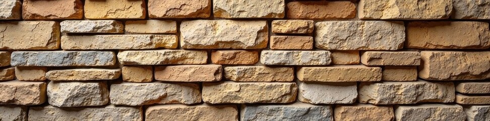 Obraz premium Rustic stacked stone wall, uneven texture, earthy tones, grey, stone wall background, beige