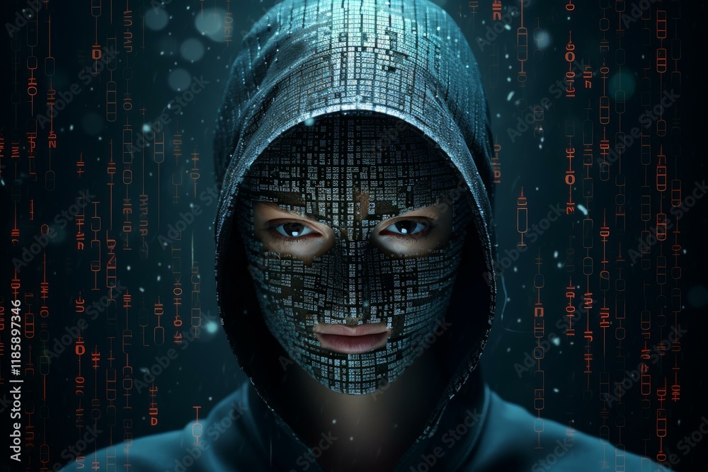 Poster hacker with a futuristic digital mask and a hood is hiding behind running code