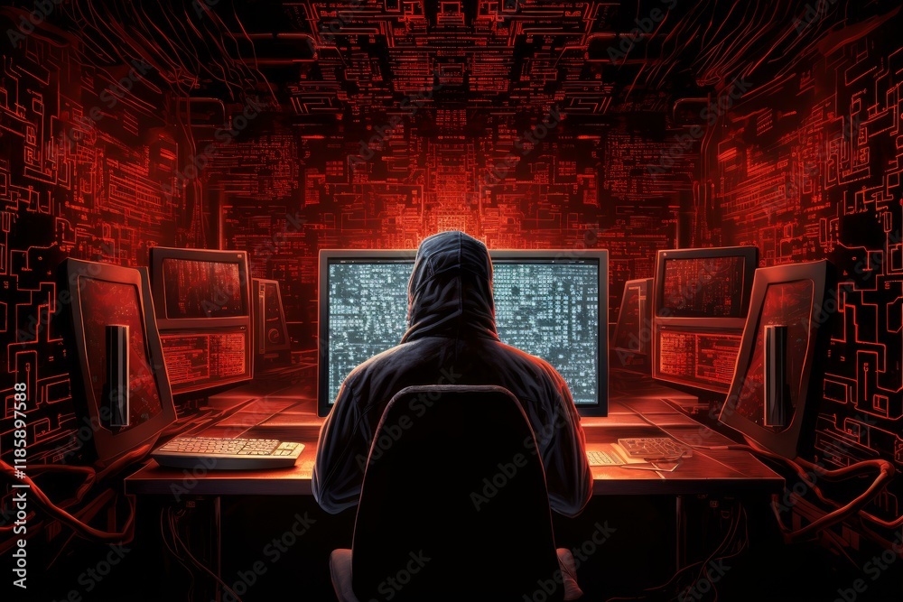 Poster hacker wearing a hoodie is programming on multiple computer screens in a dark room with red lights