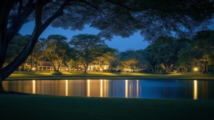 Fototapeta premium Tranquil Night Scene with Reflections in a Lake Surrounded by Trees