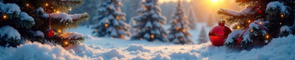 Winter landscape with snow-covered trees and Christmas decorations in golden light, decorations, christmas, ornament