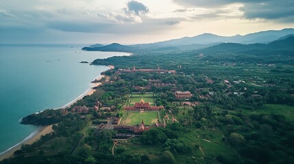 Fototapeta premium Aerial View of Lush Landscape with Coastline and Mountains