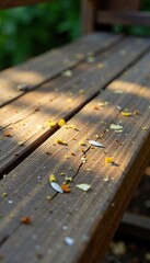 Fototapeta premium Wooden surface with scattered sawdust and metal filings, garden bench, wood surface, sawdust